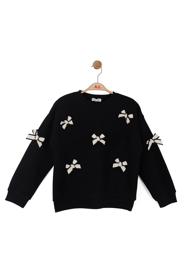 8-14 Yaş Kız Çocuk Fiyonk Detaylı Siyah Sweatshirt ve Krem Pantolon Takım