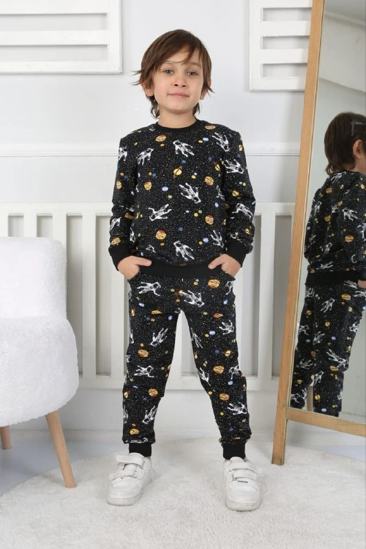 3-8 Yaş Astronot Desenli Siyah Erkek Çocuk Pijama Takımı