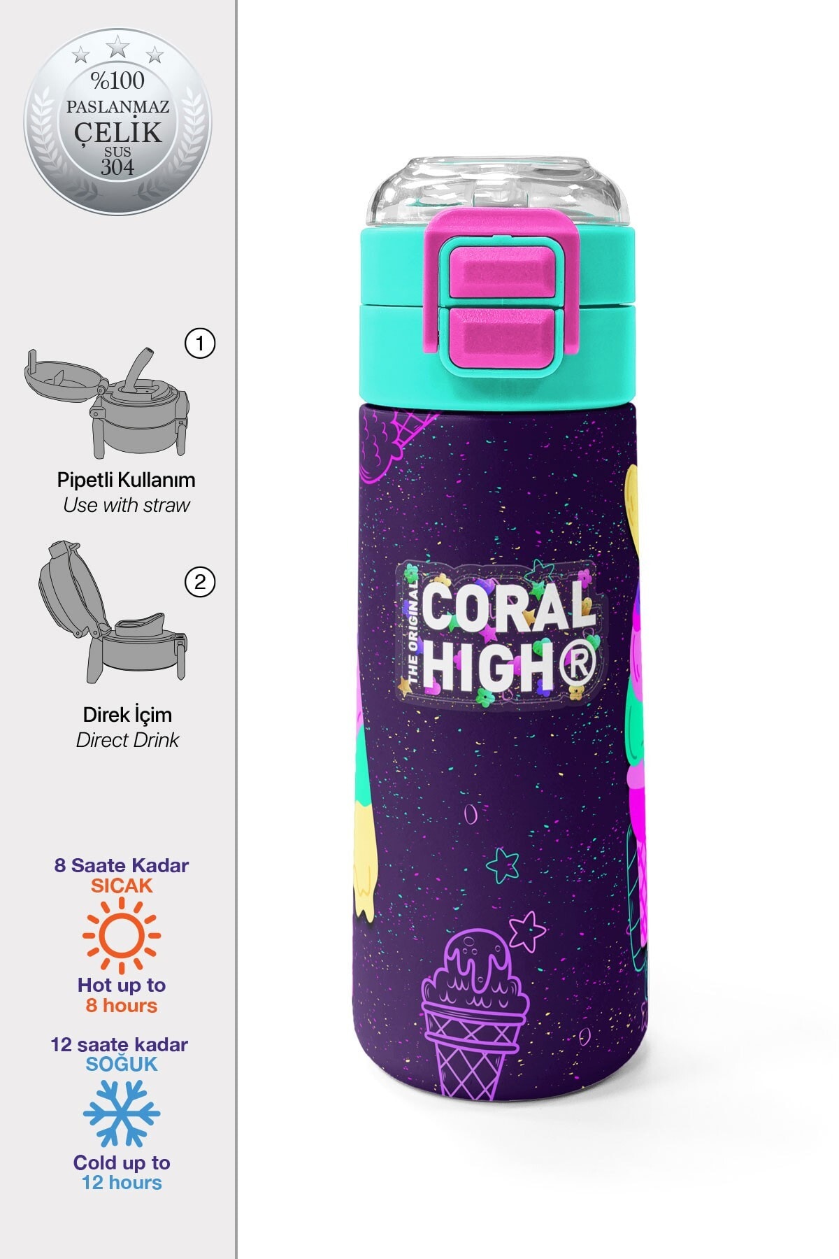 Coral High Kids Mor Pembe Dondurma Desenli Pipetli ve Direkt İçim Çelik Termos 500 ml