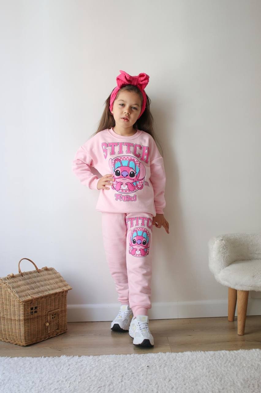 3-10 Yaş Stitch Angel Baskılı Çocuk Eşofman Takımı – Pembe