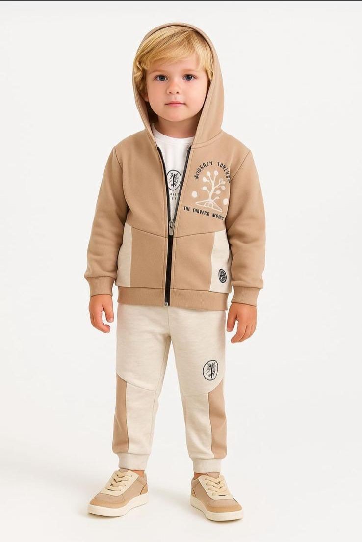 1-4 Yaş Erkek Çocuk Fermuarlı Kapüşonlu Sweatshirt ve Eşofman Altı Takım - Bej