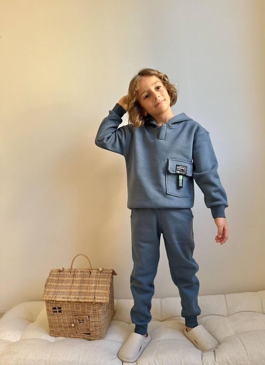 3-10 Yaş Erkek Çocuk Kapak Cepli 3 İplik Şardonlu Kapüşonlu Takım