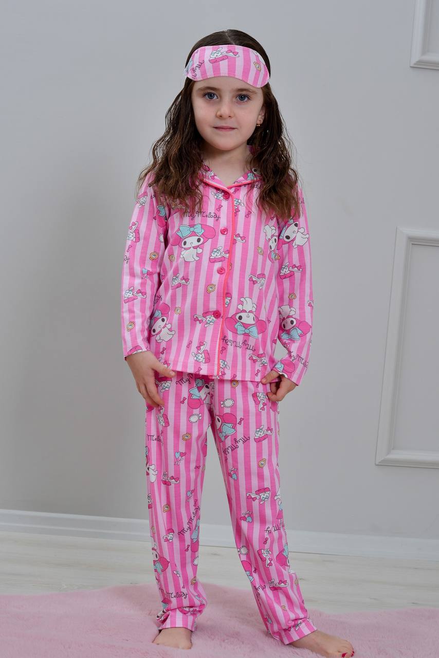 4-12 Yaş Kız Çocuk My Melody Desenli Çizgili Pembe Göz Bantlı Uzun Kollu Pijama Takımı