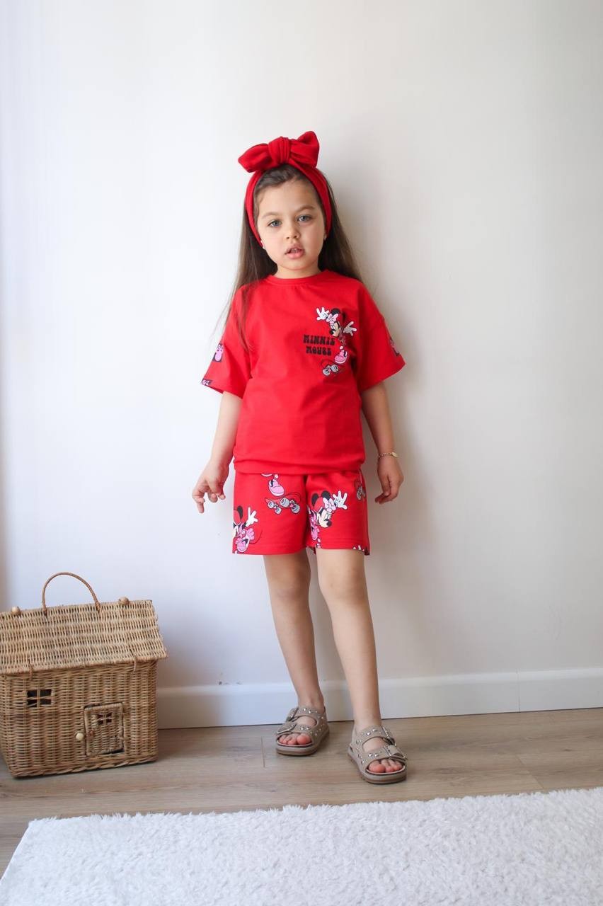 3-10 YAŞ KIZ ÇOCUK MINNIE MOUSE KAYKAY ŞORTLU TAKIM - KIRMIZI