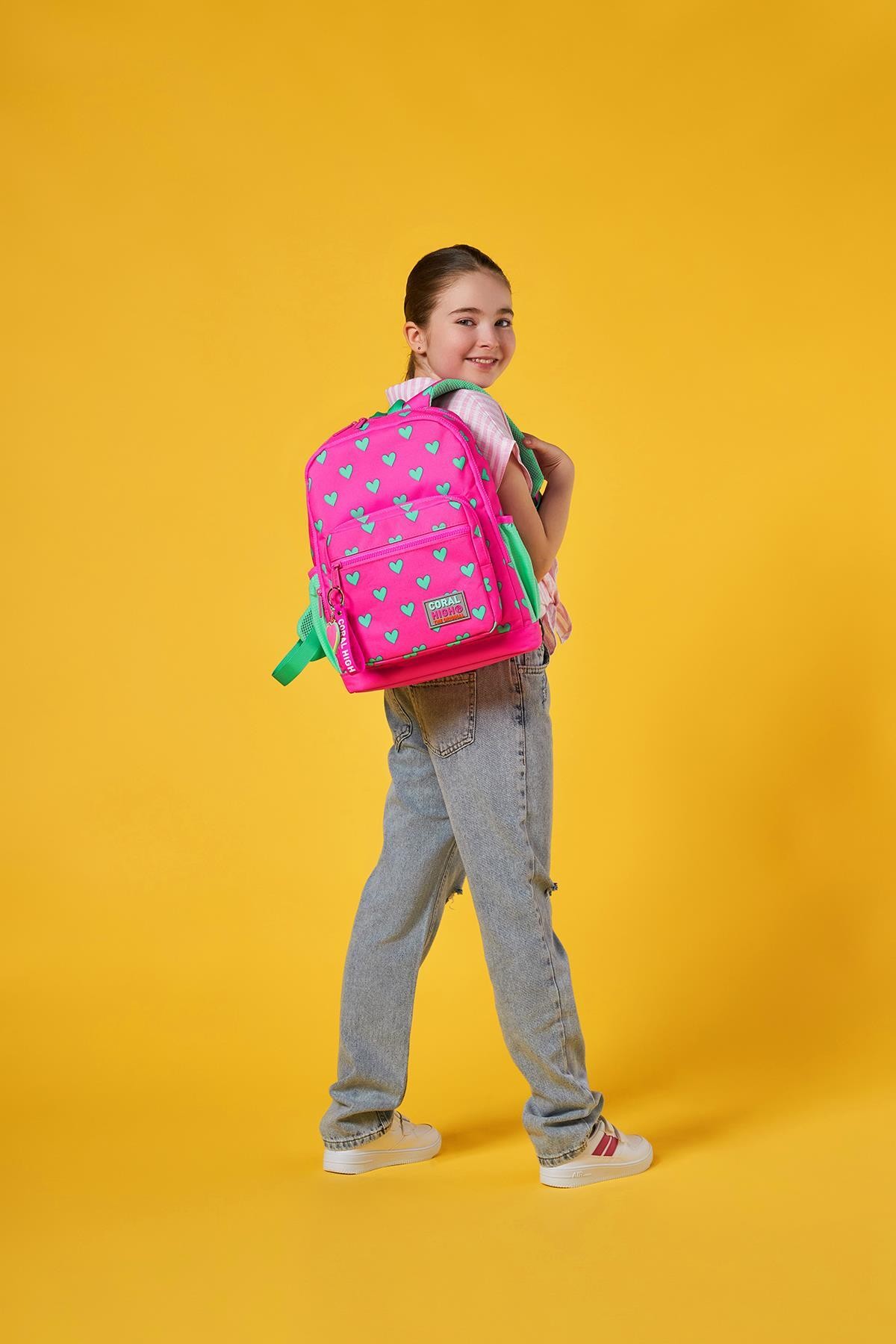 Coral High Kids Neon Pembe Su Yeşili Kalp Desenli Dört Bölmeli Okul Sırt Çantası