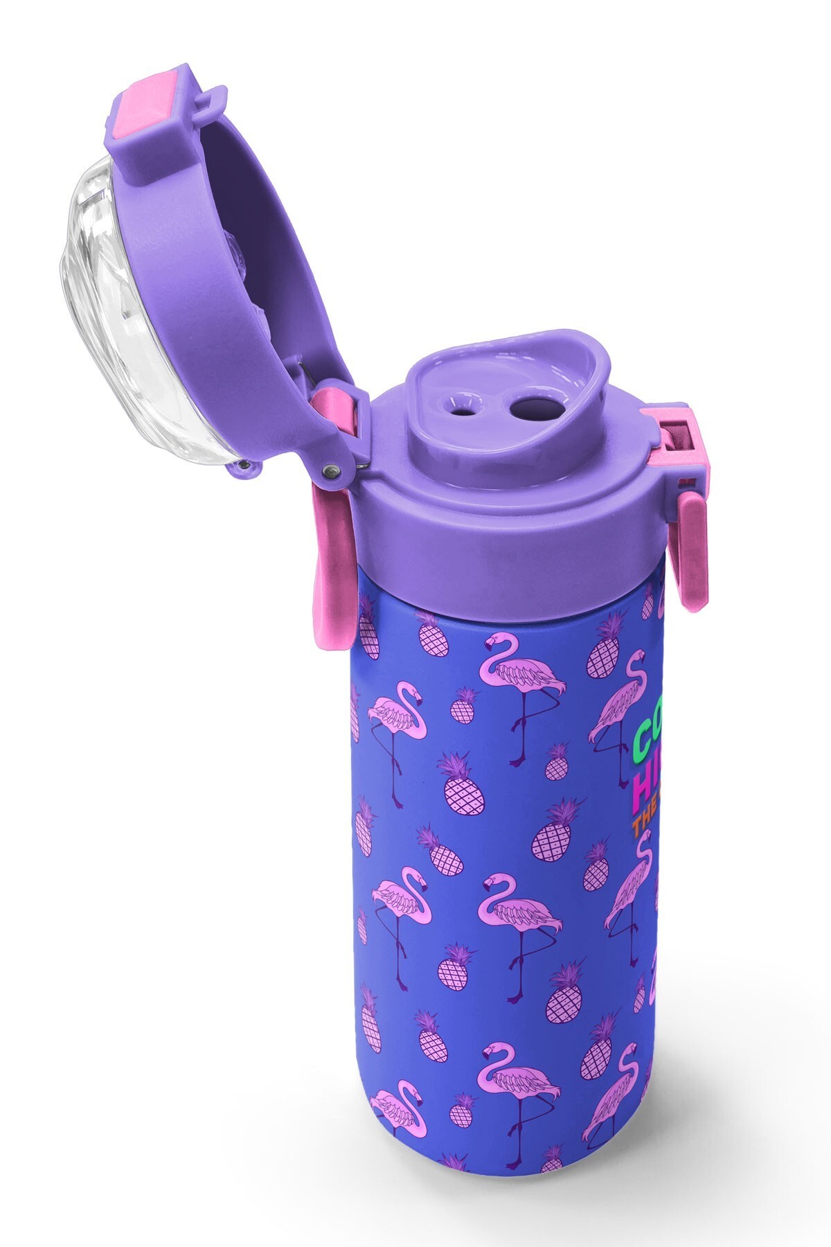 Coral High Kids Lavanta Pembe Flamingo Desenli Pipetli ve Direkt İçim Çelik Termos 500 ml