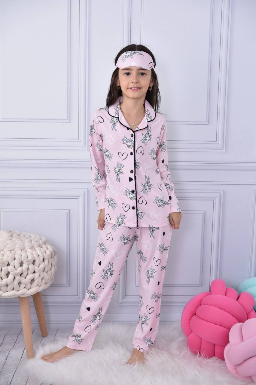 4-12 Yaş Kız Çocuk Pembe Kalp ve Tavşan Desenli Göz Bantlı Uzun Kollu Pijama Takımı