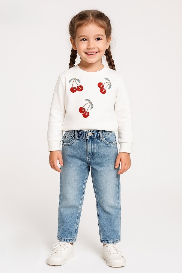 1-5 Yaş Kız Çocuk Kiraz Desenli Sweatshirt ve Jean Takım