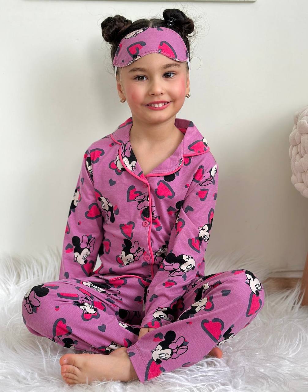 4-12 Yaş Kız Çocuk Minnie Desenli Fuşya Göz Bantlı Uzun Kollu Pijama Takımı