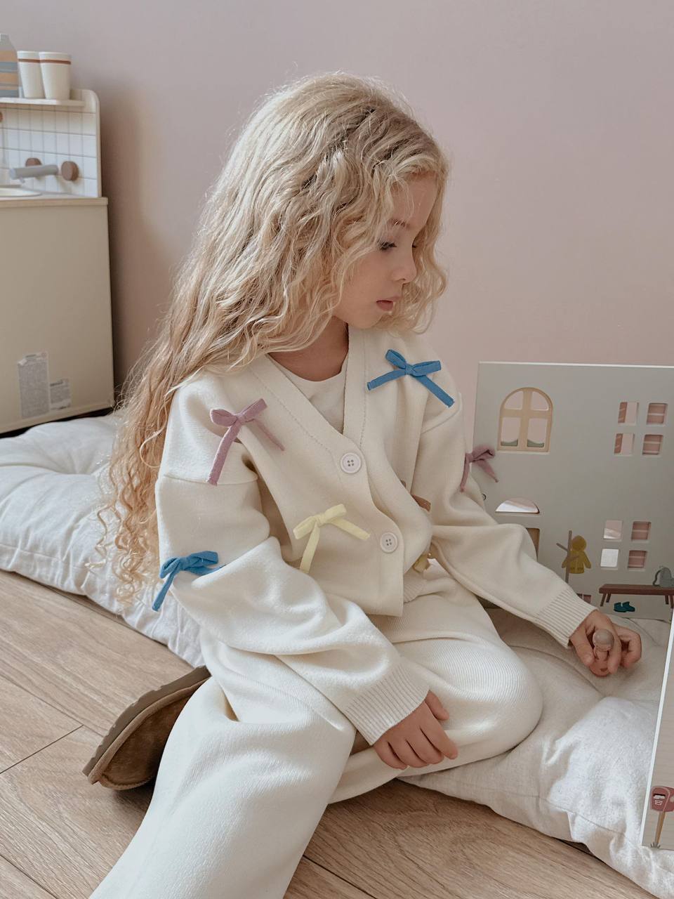 3-10 Yaş Kız Çocuk Renkli Kurdele Detaylı Triko İkili Takım