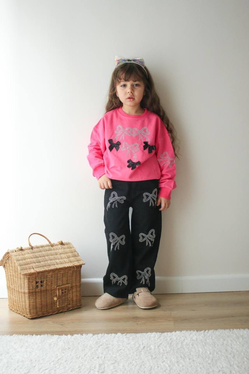 3-10 Yaş Fiyonk Detaylı Pantolonlu Çocuk Takımı – Pembe/Siyah