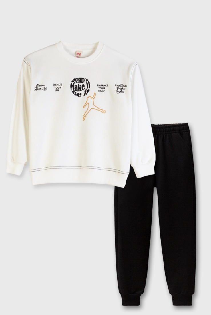 9-14 Yaş Erkek Çocuk Sweatshirt ve Eşofman Altı Takım - Beyaz Siyah