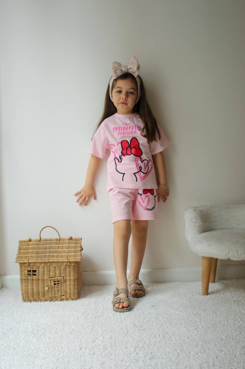 3-10 YAŞ KIZ ÇOCUK MINNIE MOUSE KALPLİ ŞORT TAKIM - PEMBE