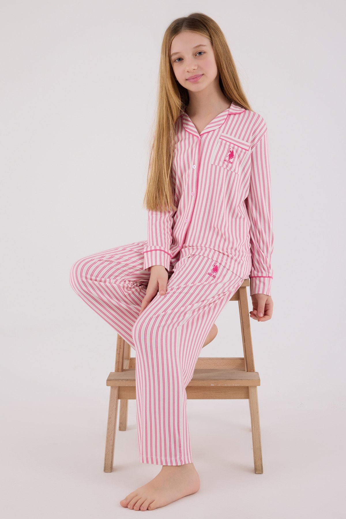 4-15 Yaş Kız Çocuk US Polo Assn Lisanslı Pembe Çizgili Pijama Takımı