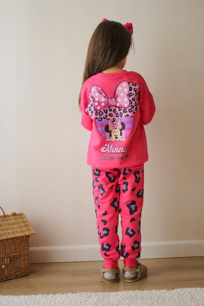 3-10 Yaş Kız Çocuk Minnie Mouse Baskılı Leopar Desenli Pembe Eşofman Takımı