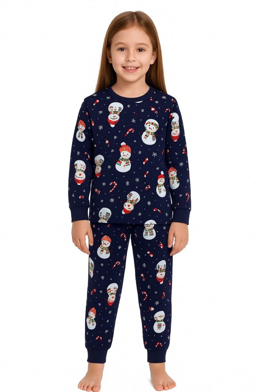 3-8 Yaş Unisex Kardan Adam Desenli Pamuklu Çocuk Pijama Takımı