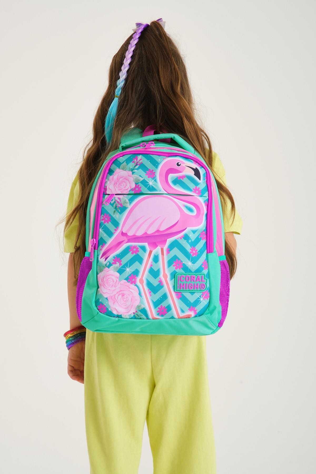 Coral High Kids Su Yeşili Pembe Simli Flamingo Desenli Üç Bölmeli Okul Sırt Çantası