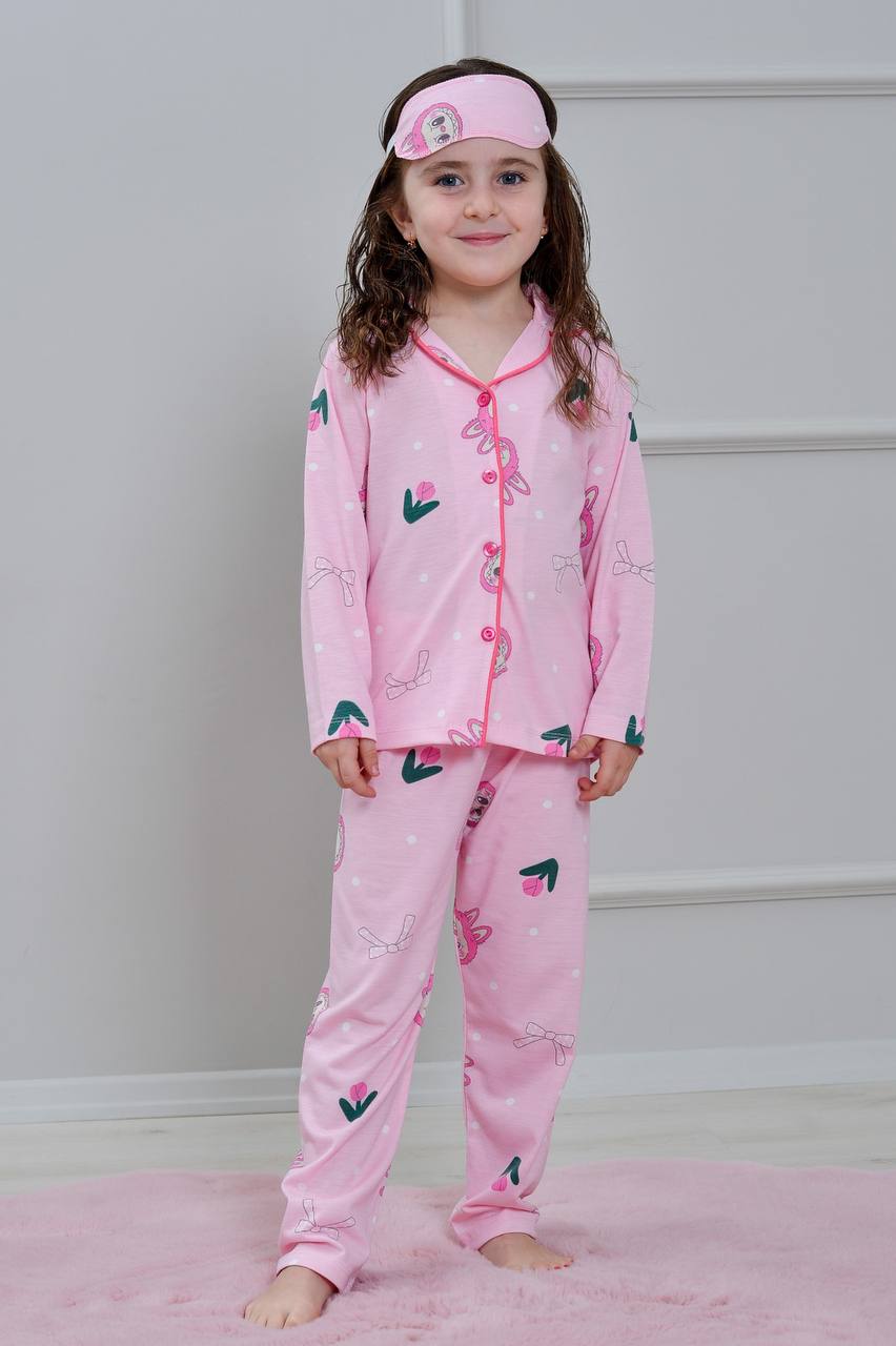 4-12 Yaş Kız Çocuk Labubu ve Lale Desenli Pembe Göz Bantlı Uzun Kollu Pijama Takımı