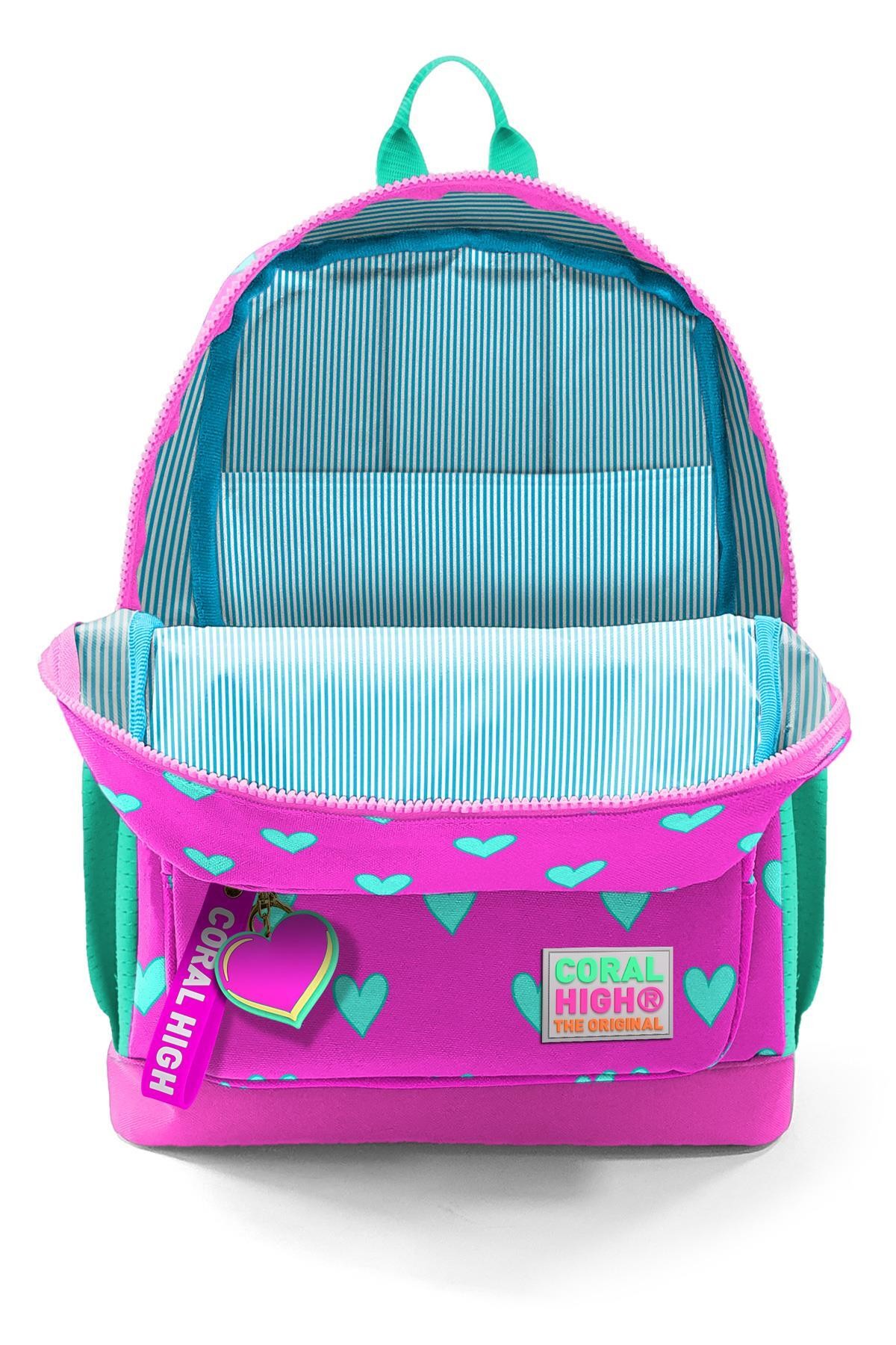 Coral High Kids Neon Pembe Su Yeşili Kalp Desenli Dört Bölmeli Okul Sırt Çantası