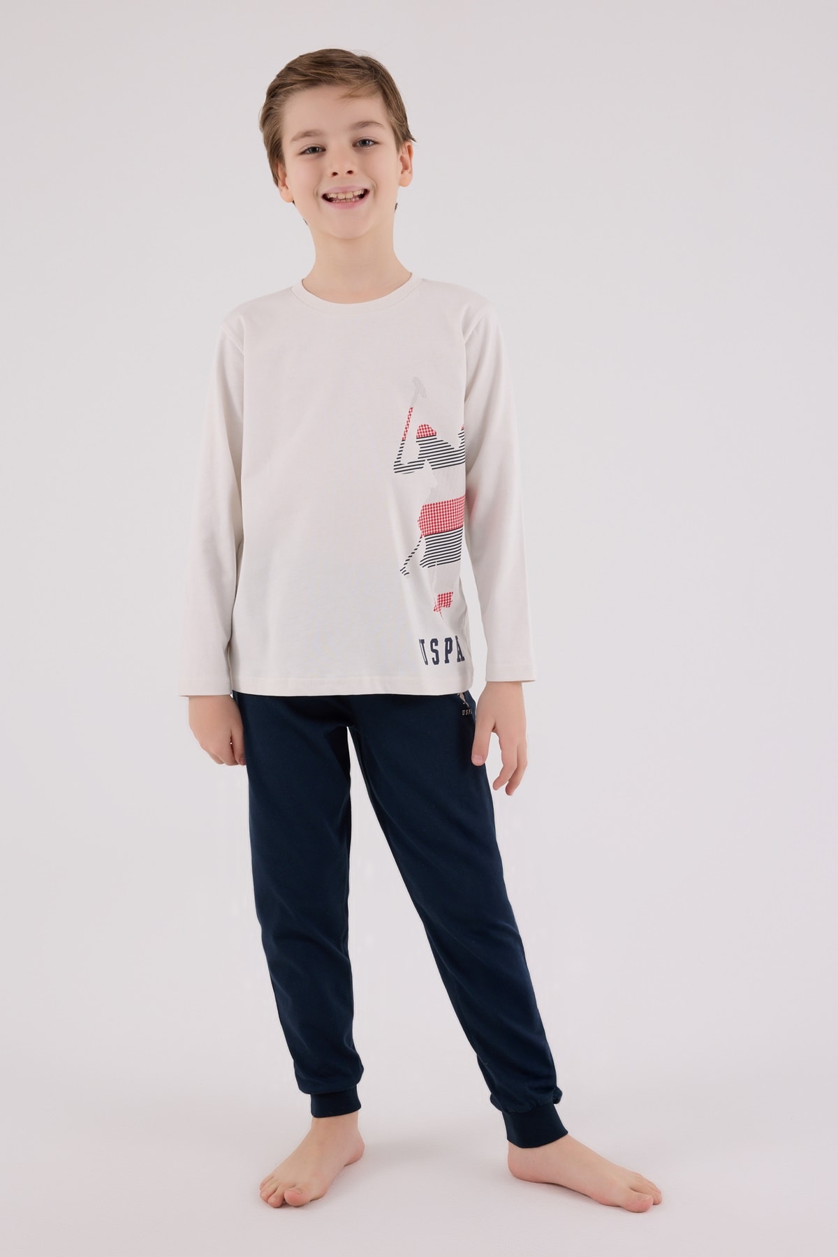 4-15 Yaş Erkek Çocuk US Polo Assn Lisanslı Ekru-Lacivert Pijama Takımı