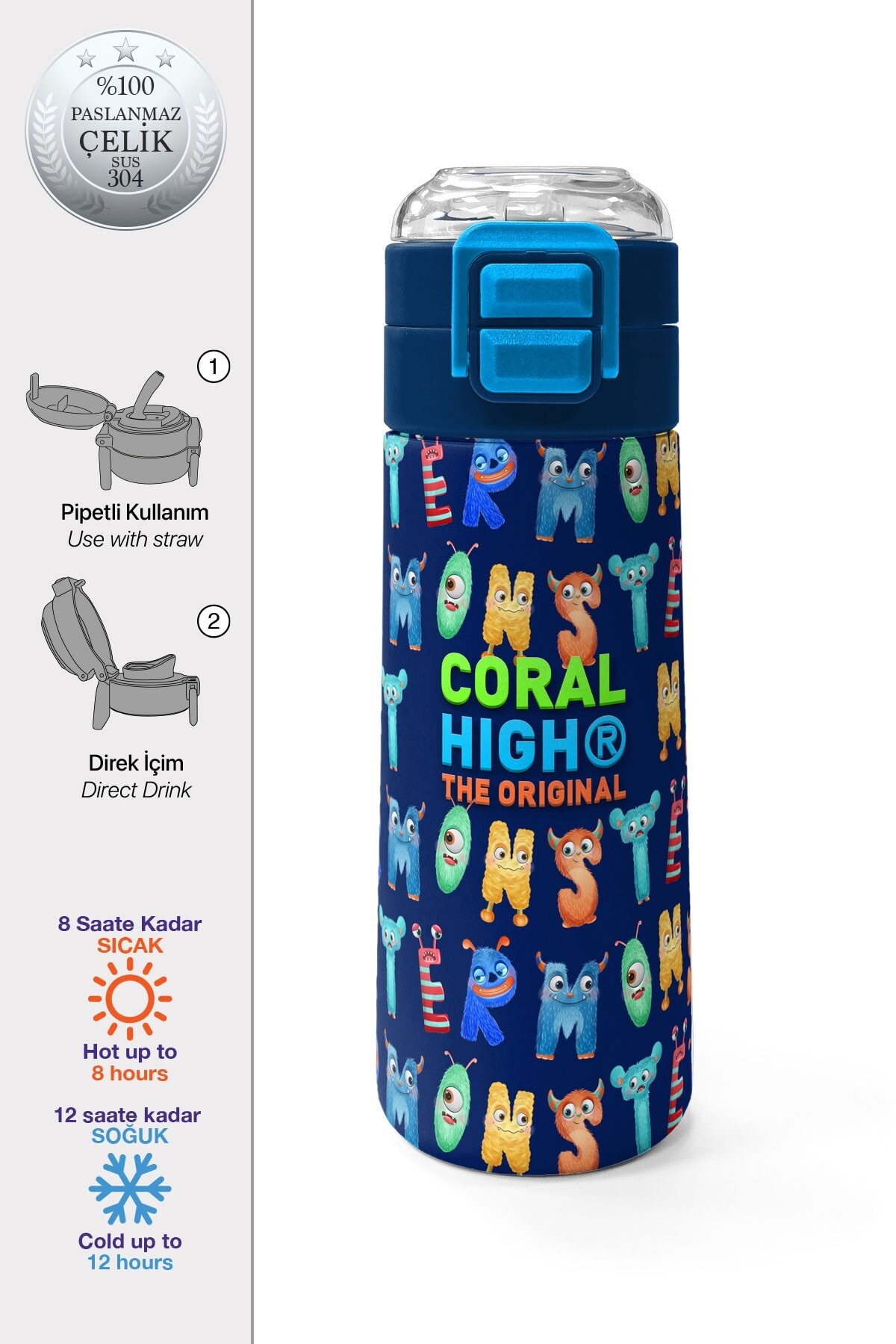 Coral High Kids Lacivert Neon Sarı Desenli Pipetli ve Direkt İçim Çelik Termos 500 ml