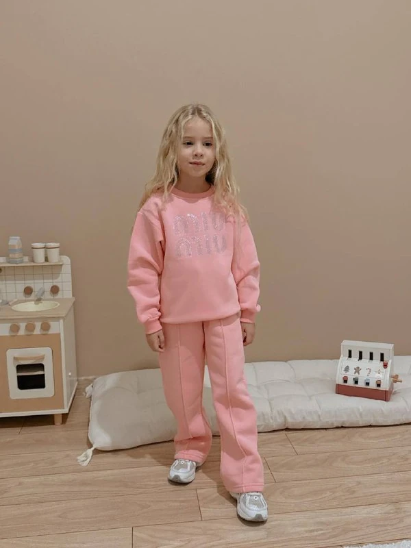 3-10 Yaş Kız Çocuk Taş Baskılı 3 İp Şardonlu Eşofman Takımı