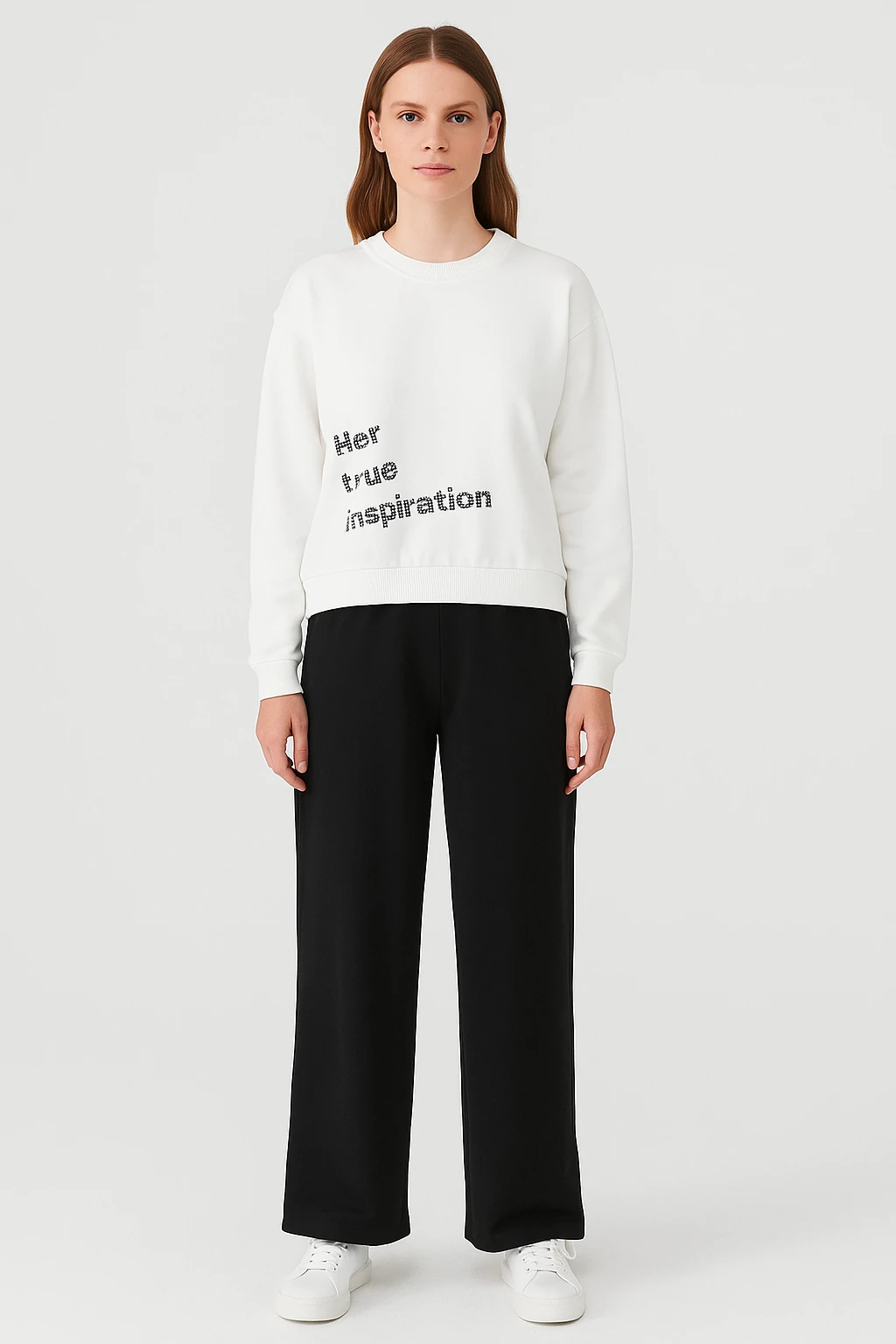 8-14 Yaş Kız Çocuk “Her True Inspiration” Baskılı Beyaz Sweatshirt ve Siyah Eşofman Takım