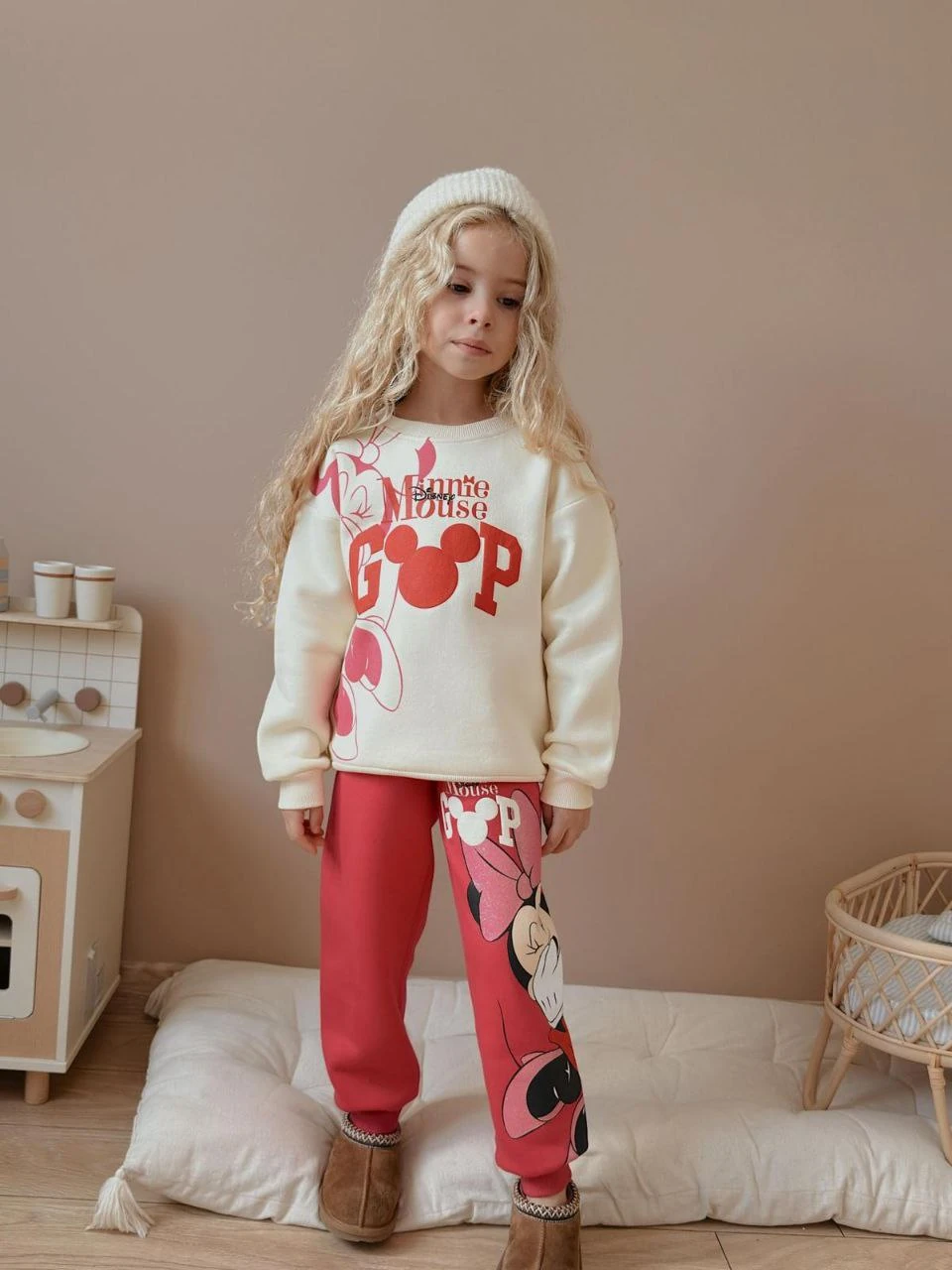 3-10 Yaş Kız Çocuk Minnie Mouse Baskılı 3 İplik Şardonlu Eşofman Takımı