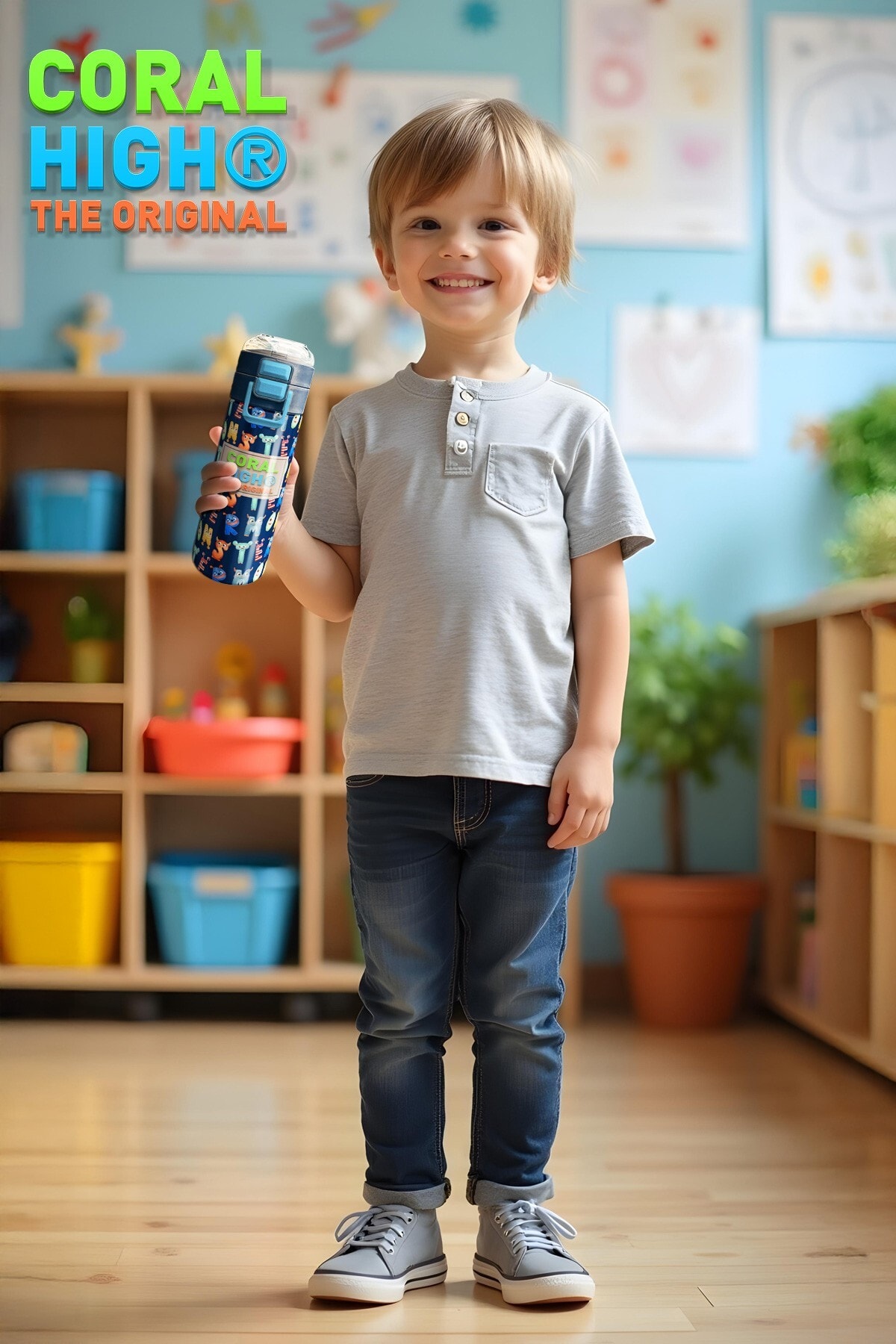 Coral High Kids Lacivert Neon Sarı Desenli Pipetli ve Direkt İçim Çelik Termos 500 ml