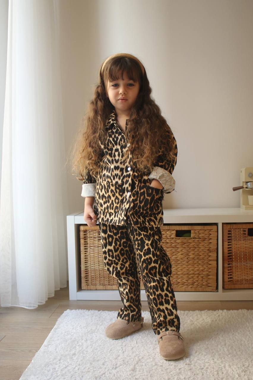 3-10 Yaş Kız Çocuk Leopar Desenli Takım – Kahverengi/Siyah