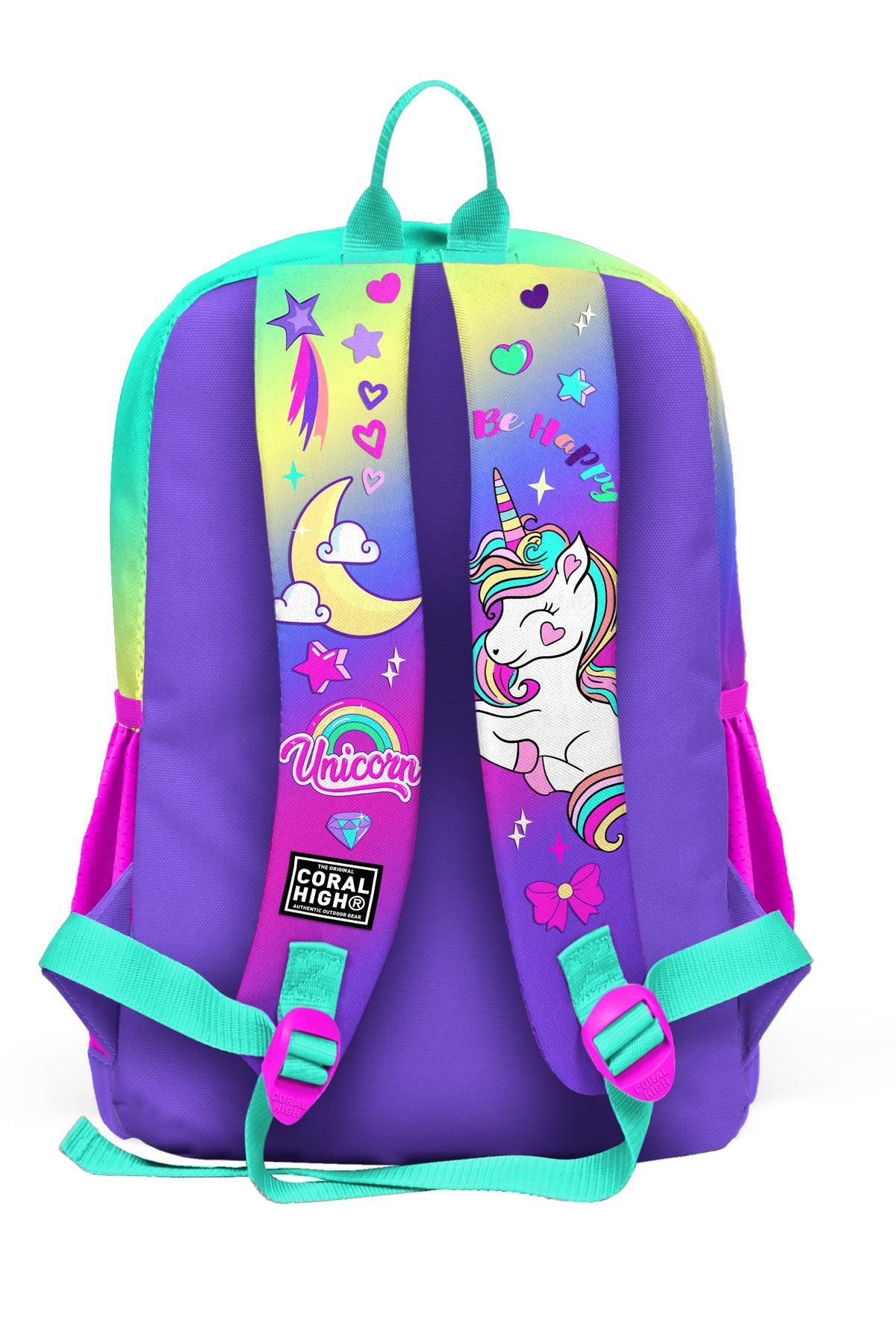 Coral High Kids Lavanta Su Yeşili Unicorn Desenli Dört Bölmeli Okul Sırt Çantası