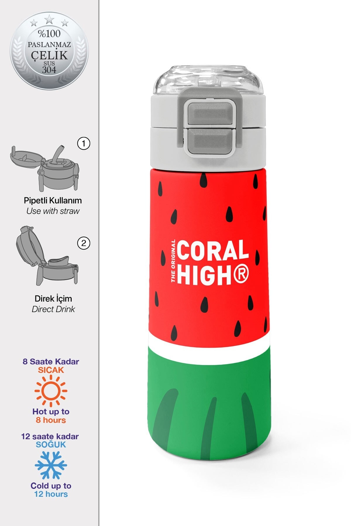 Coral High Kids Kırmızı Yeşil Karpuz Desenli Pipetli ve Direkt İçim Çelik Termos 500 ml