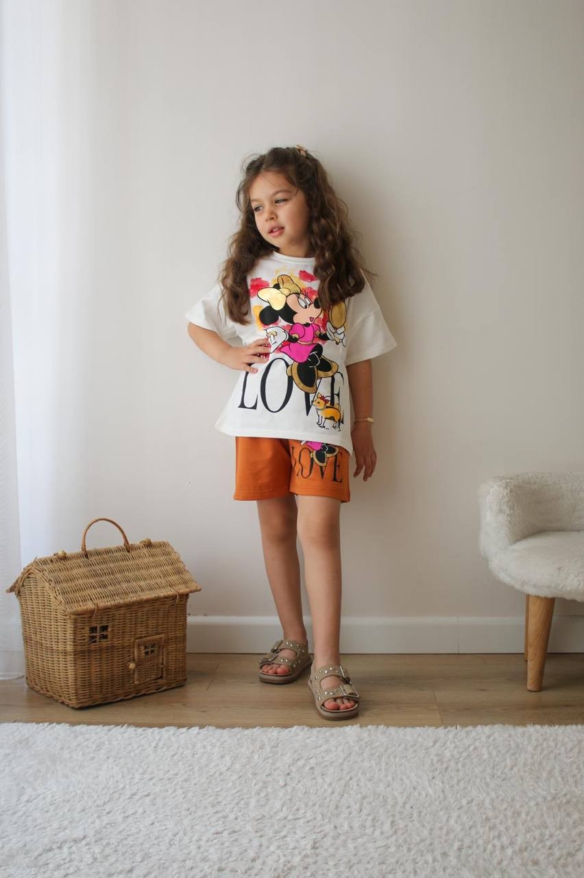 3-10 YAŞ KIZ ÇOCUK MINNIE MOUSE YALDIZLI LOVE ŞORT TAKIM