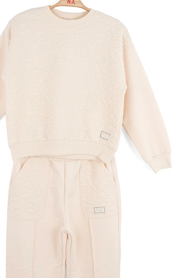 8-14 Yaş Kız Çocuk Verona Krem Dokulu Sweatshirt ve Eşofman Altı İkili Takım