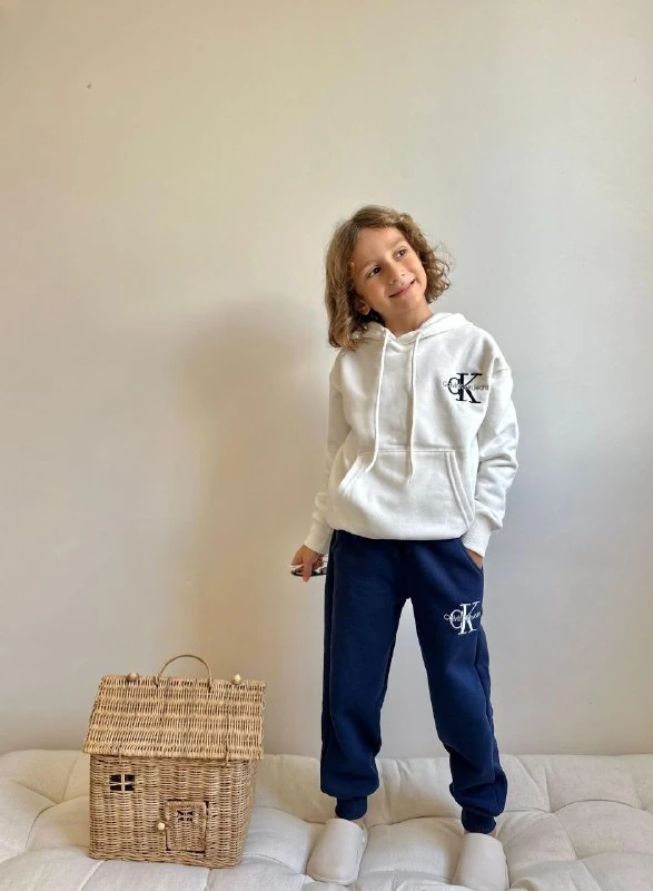 5-14 Yaş Erkek Çocuk CK Logo Baskılı Kapüşonlu 3 İplik Şardonlu Eşofman Takımı