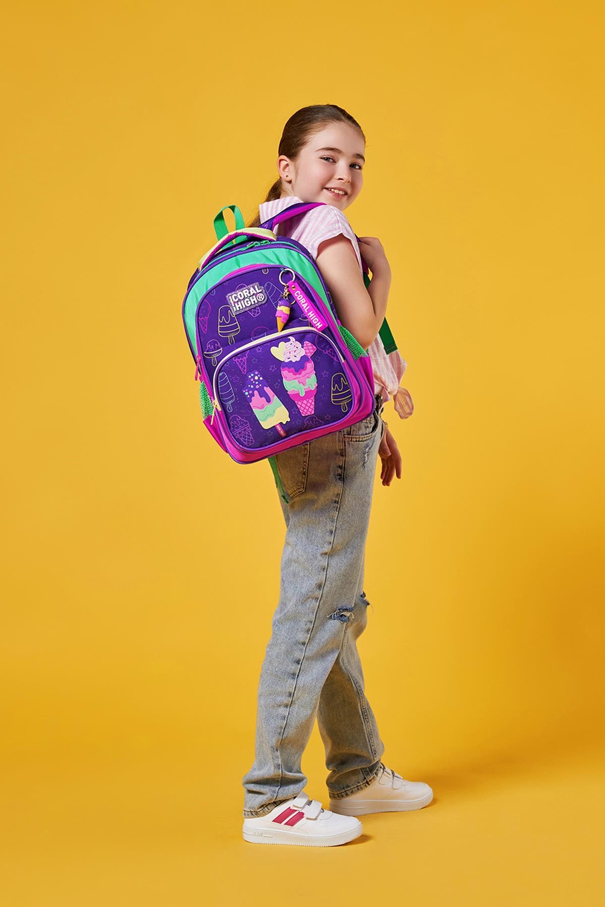 Coral High Kids Mor Pembe Dondurma Desenli Üç Bölmeli Okul Sırt Çantası