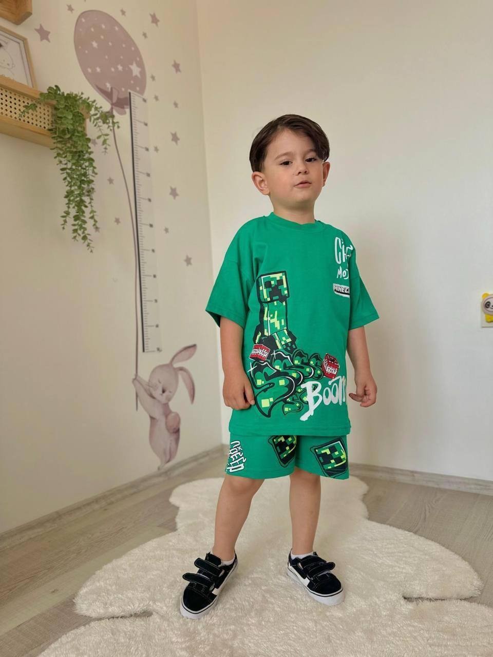 3-10 YAŞ ERKEK ÇOCUK MINECRAFT TNT BOOM  ŞORT TAKIM - YEŞİL