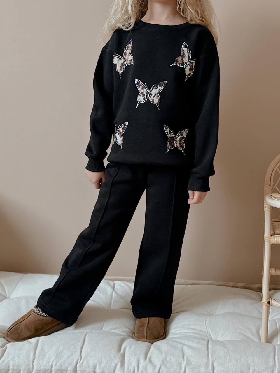 3-10 Yaş Kız Çocuk Kelebekli 3 İplik Şardonlu Eşofman Takımı