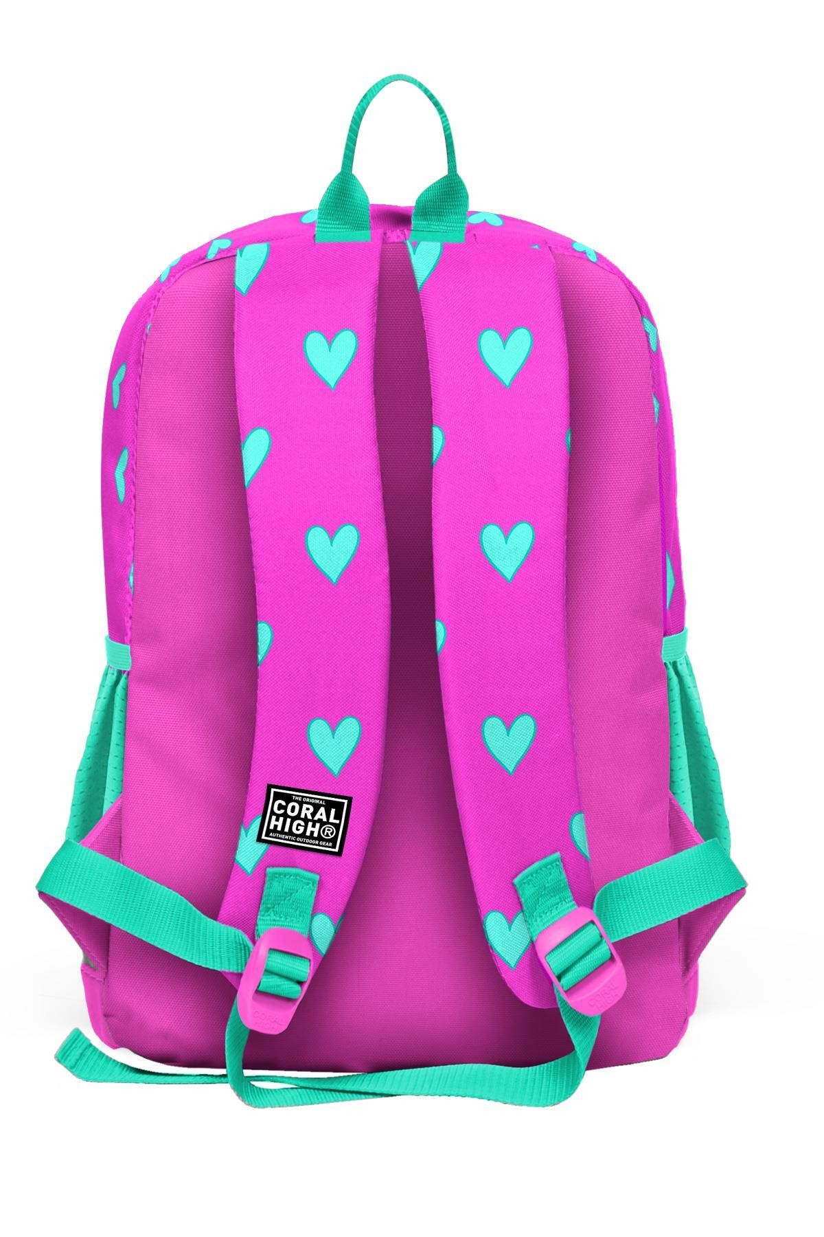 Coral High Kids Neon Pembe Su Yeşili Kalp Desenli Dört Bölmeli Okul Sırt Çantası