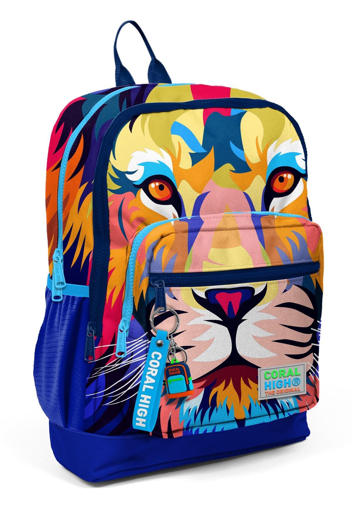 Coral High Kids Lacivert Saks Aslan Desenli Dört Bölmeli Okul Sırt Çantası