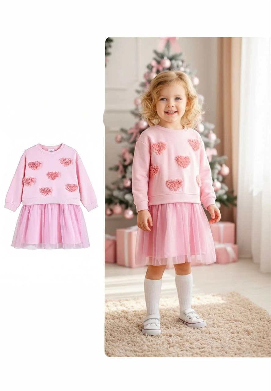 2-8 Yaş Kız Çocuk Kabartma Kalpli Tül Etekli Sweat Elbise