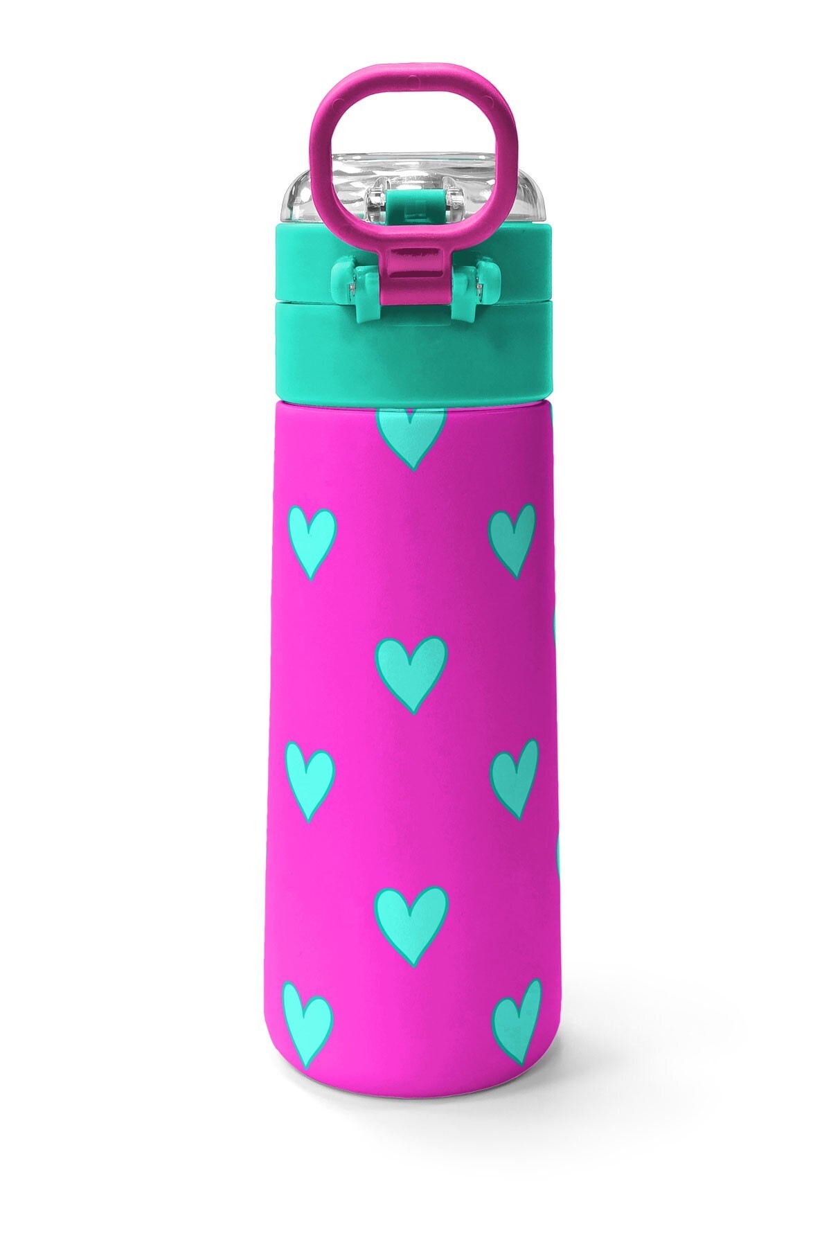 Coral High Kids Neon Pembe Su Yeşili Kalp Desenli Pipetli ve Direkt İçim Çelik Termos 500 ml