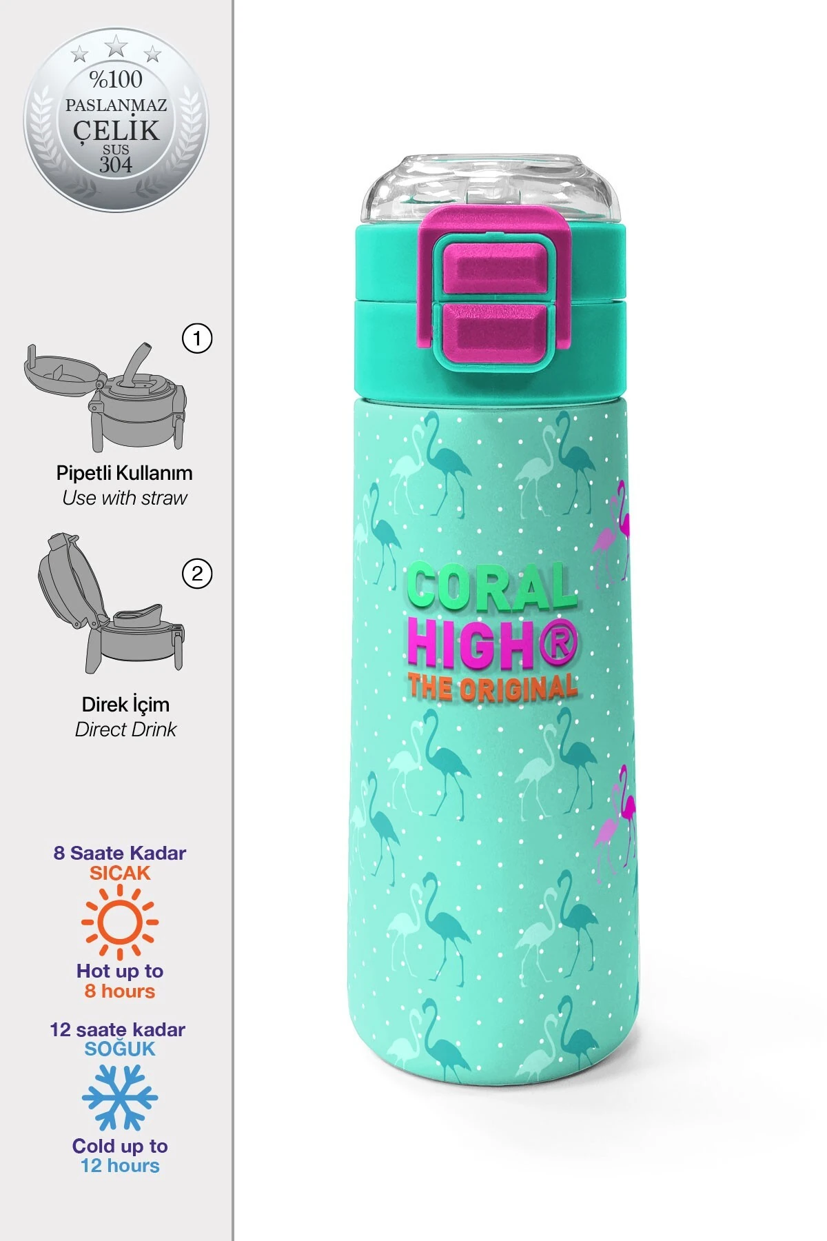 Coral High Kids Su Yeşili Neon Pembe Flamingo Desenli Pipetli ve Direkt İçim Çelik Termos 500 ml