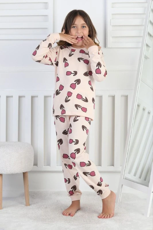 8-13 Yaş Lale Desenli Krem Kız Çocuk Pijama Takımı