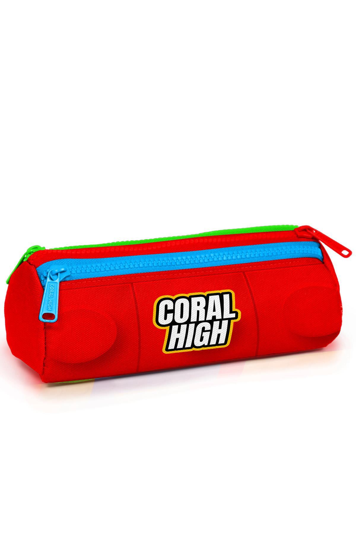 Coral High Kids Renkli Blok Desenli Üç Bölmeli Kalem Çantası