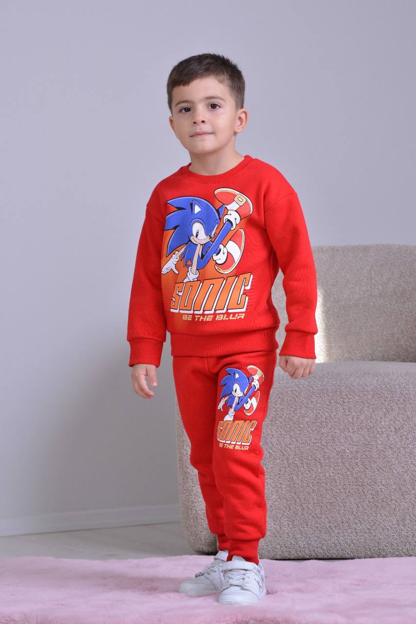 3-10 Yaş Erkek Çocuk Sonic Baskılı 3 İplik Şardonlu Eşofman Takımı