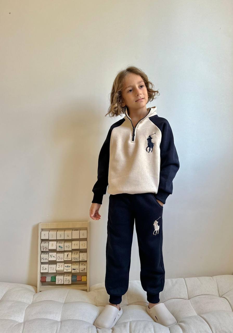 5-16 Yaş Erkek Çocuk At Figürlü Nakışlı Yarım Fermuarlı Eşofman Takımı - 3 İplik Şardonlu 