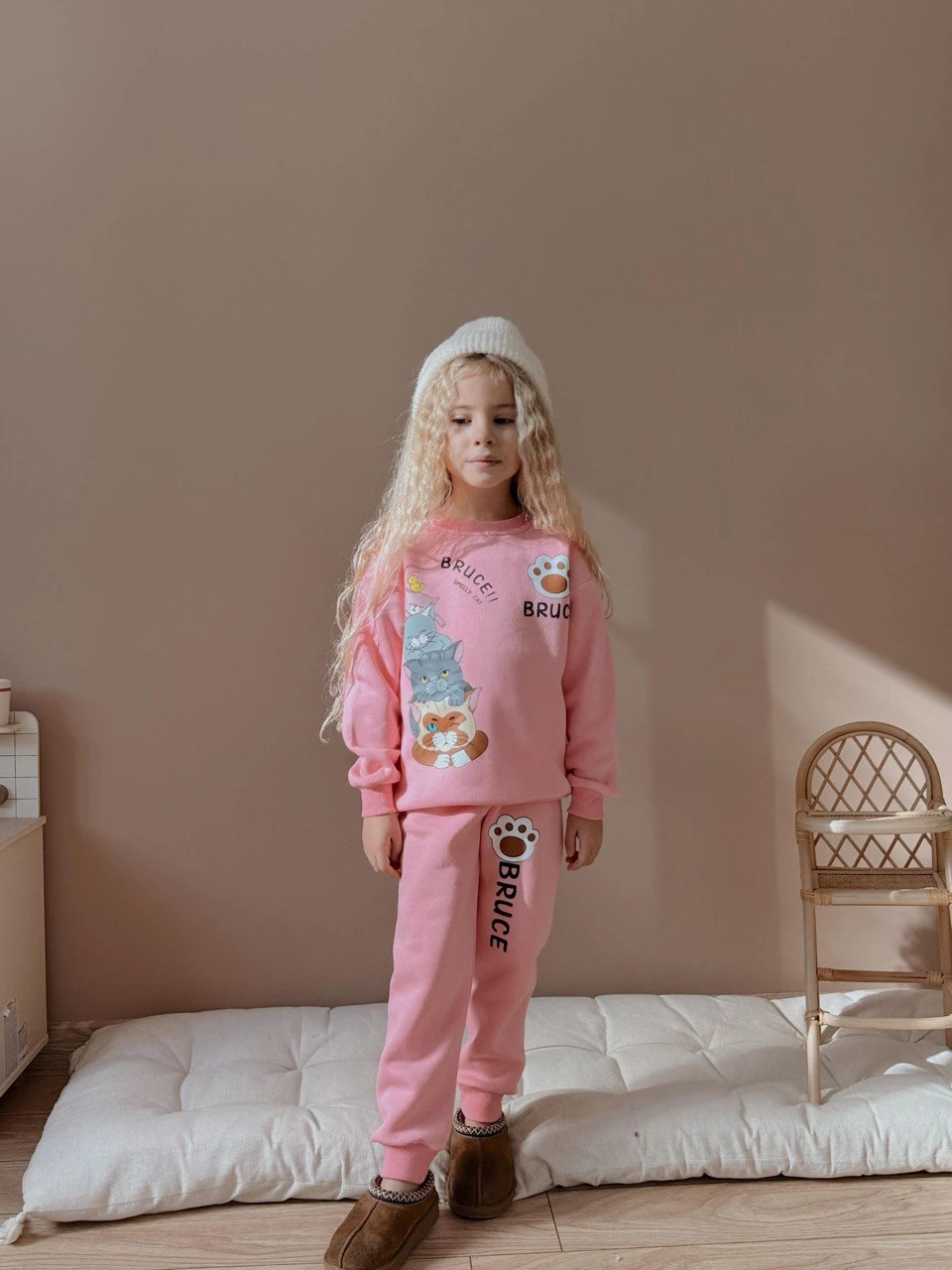 3-10 Yaş Kız Çocuk Bruce Kedili 3 İplik Şardonlu Eşofman Takımı