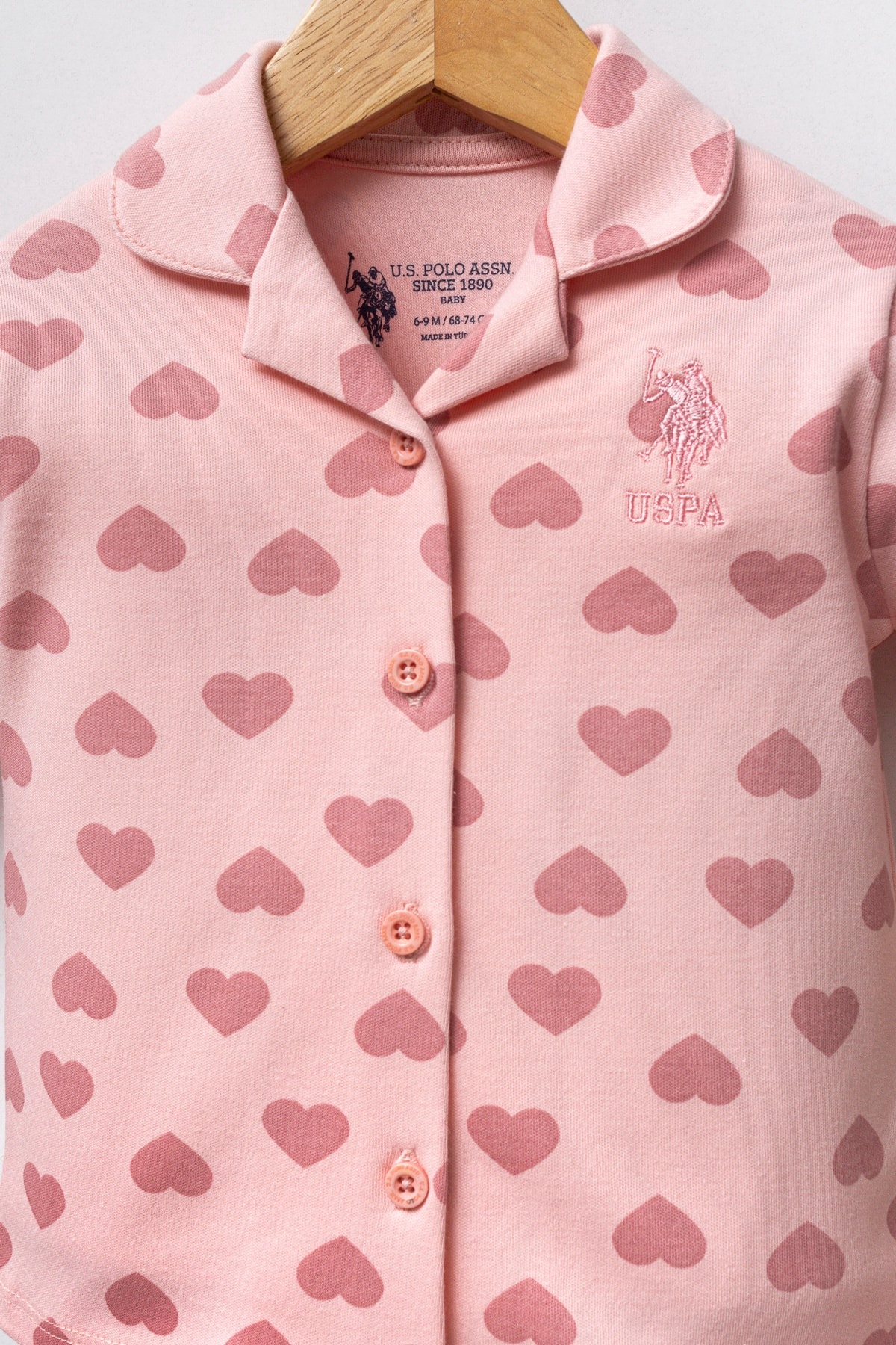 6-36 Ay Kız Bebek US Polo Assn Lisanslı Açık Pembe Kalpli Pijama Takım - Açık Pembe