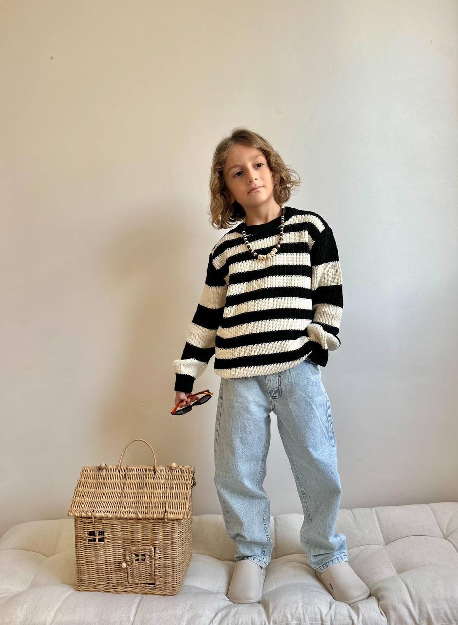 3-10 Yaş Erkek Çocuk Çizgili Triko Kazaklı Jean Pantolon Takım
